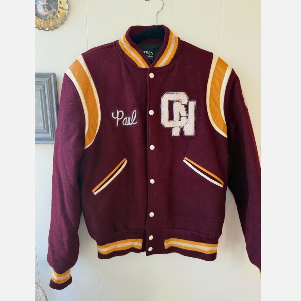 VTG 1985 Burgundy Gold Wool Leather Butwin Letterman Jacket Mens size M/L Paul
